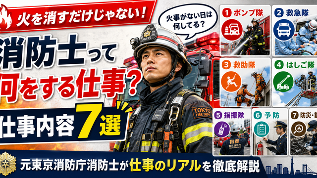 消防士の仕事内容としてポンプ隊・救急隊・救助隊・はしご隊・指揮隊・予防・防災など7つの仕事を元東京消防庁消防士が解説