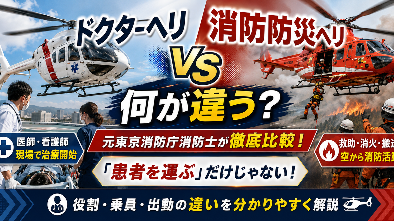 ドクターヘリと消防防災ヘリの違いとして医師の搭乗・救急搬送・救助・消火・情報収集などの役割を元東京消防庁消防士が解説